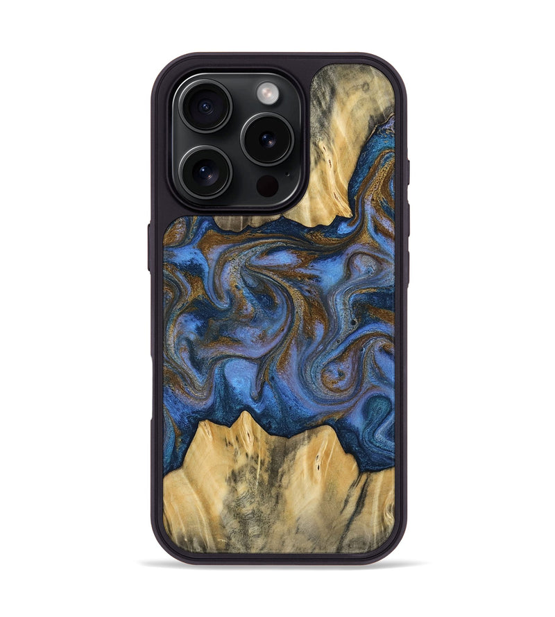 iPhone 16 Pro Wood Phone Case - Florine (Teal & Gold, 813923)