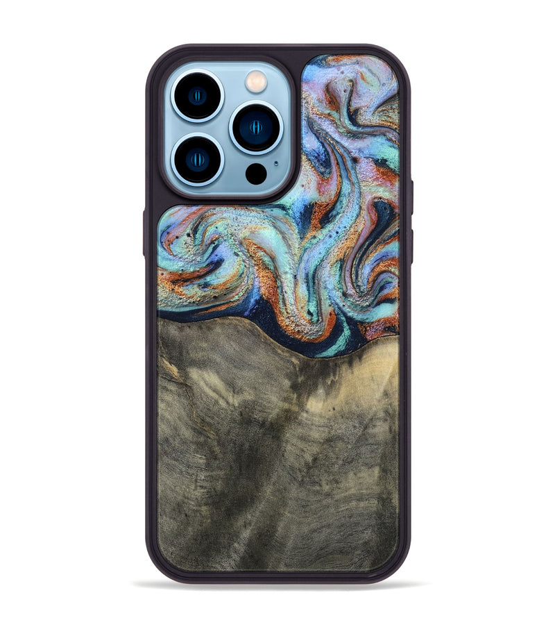 iPhone 14 Pro Max Wood Phone Case - Mandi (Teal & Gold, 813924)