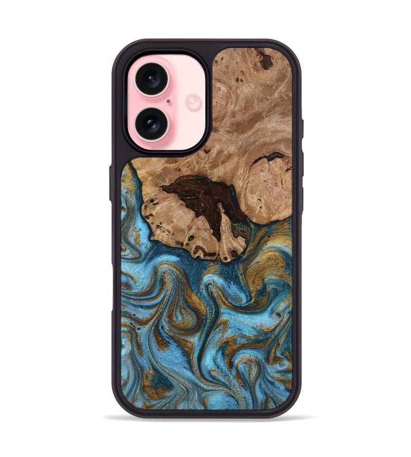 iPhone 16 Wood Phone Case - Vinnie (Teal & Gold, 813925)