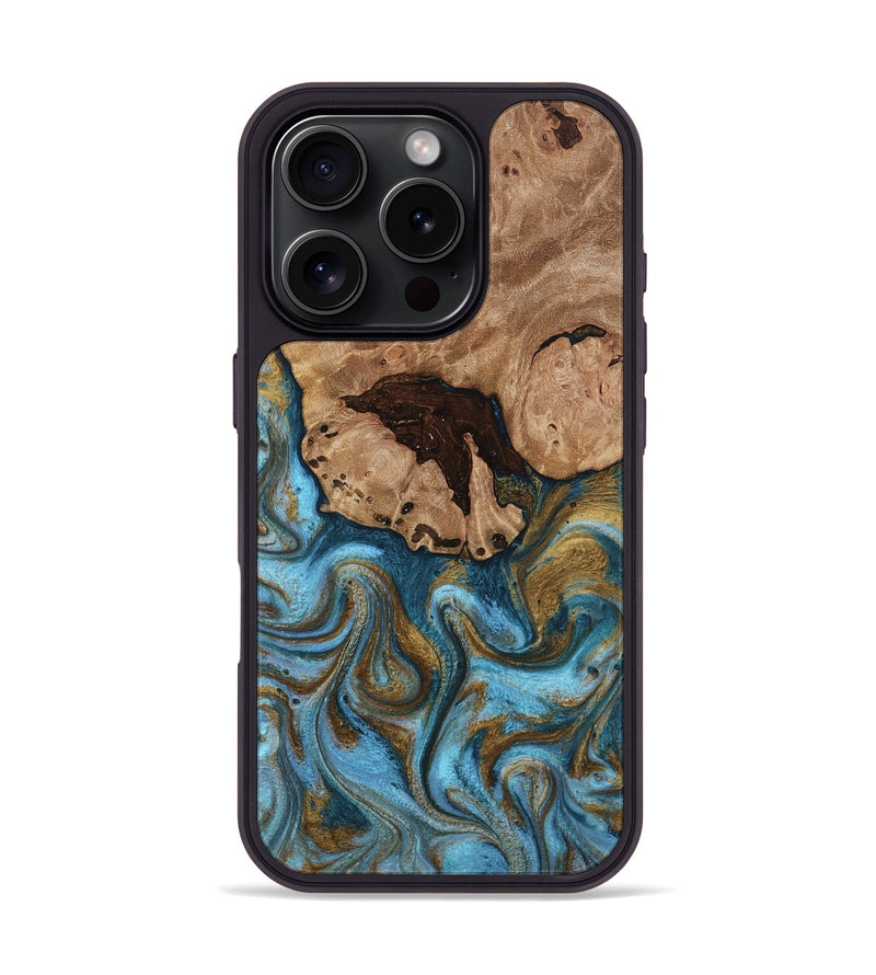iPhone 16 Pro Wood Phone Case - Vinnie (Teal & Gold, 813925)