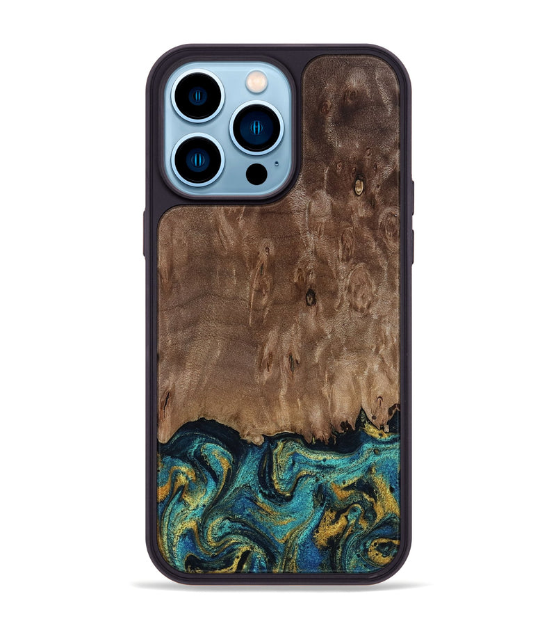 iPhone 14 Pro Max Wood Phone Case - Reanna (Teal & Gold, 813927)