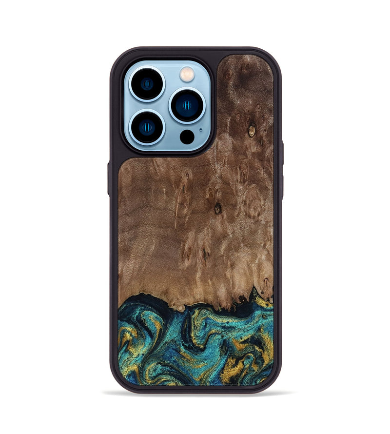 iPhone 14 Pro Wood Phone Case - Reanna (Teal & Gold, 813927)