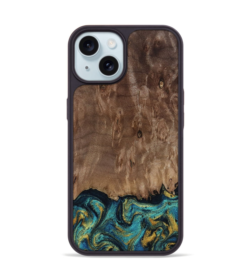 iPhone 15 Wood Phone Case - Reanna (Teal & Gold, 813927)