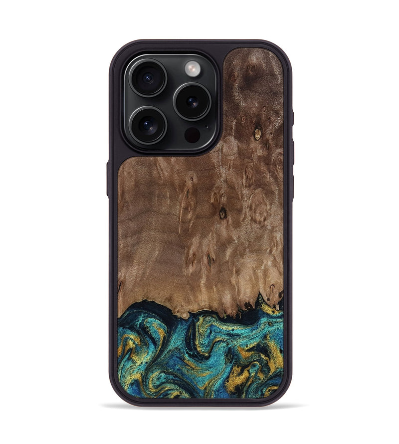 iPhone 15 Pro Wood Phone Case - Reanna (Teal & Gold, 813927)