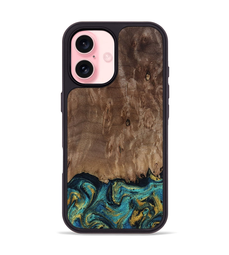 iPhone 16 Wood Phone Case - Reanna (Teal & Gold, 813927)