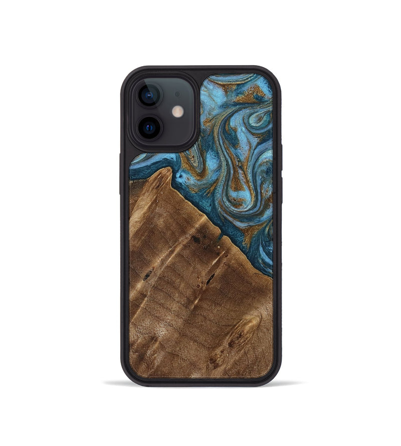iPhone 12 mini Wood Phone Case - Vena (Teal & Gold, 813929)
