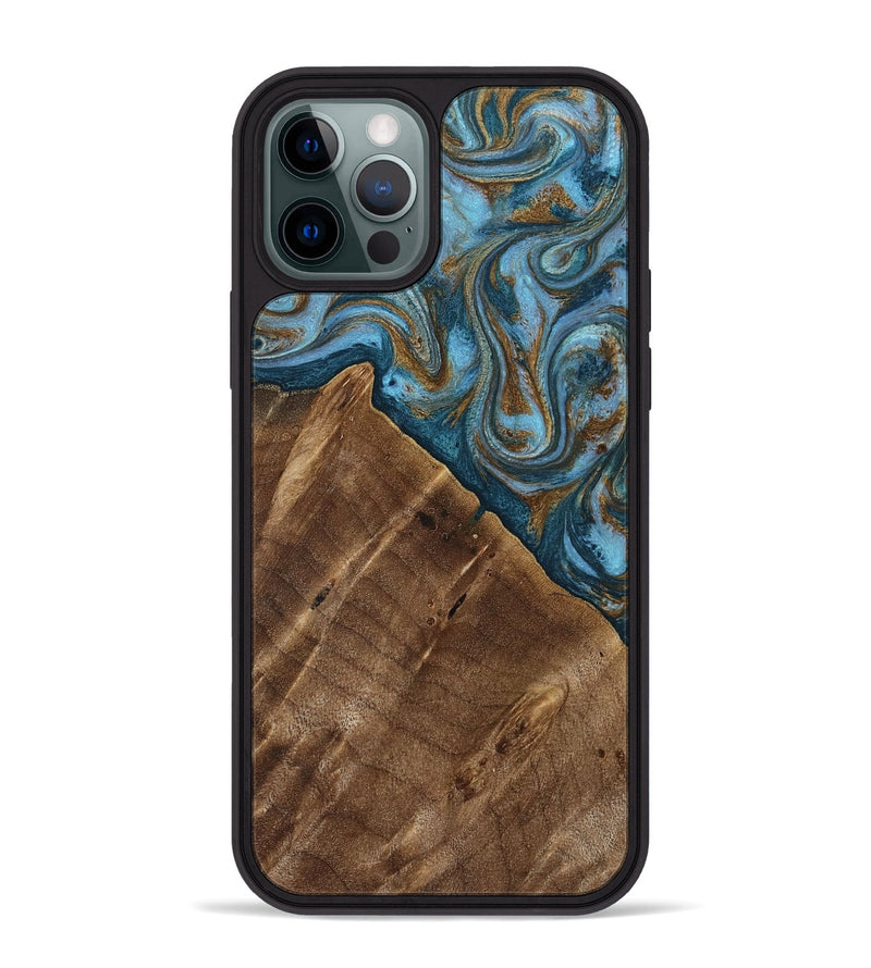 iPhone 12 Pro Max Wood Phone Case - Vena (Teal & Gold, 813929)