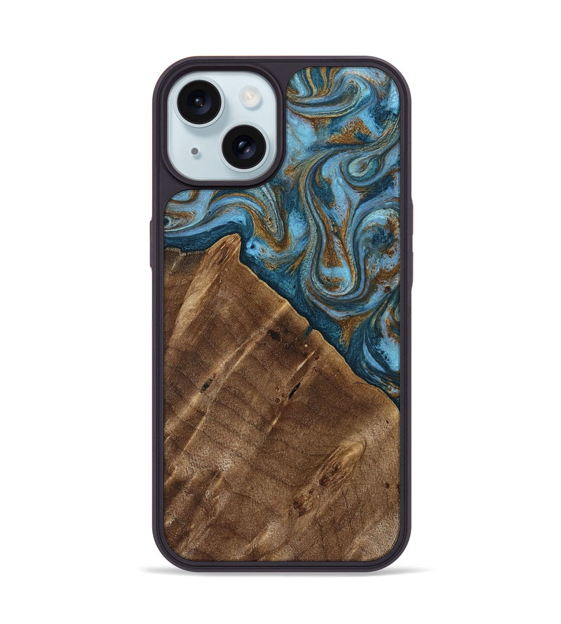 iPhone 15 Wood Phone Case - Vena (Teal & Gold, 813929)