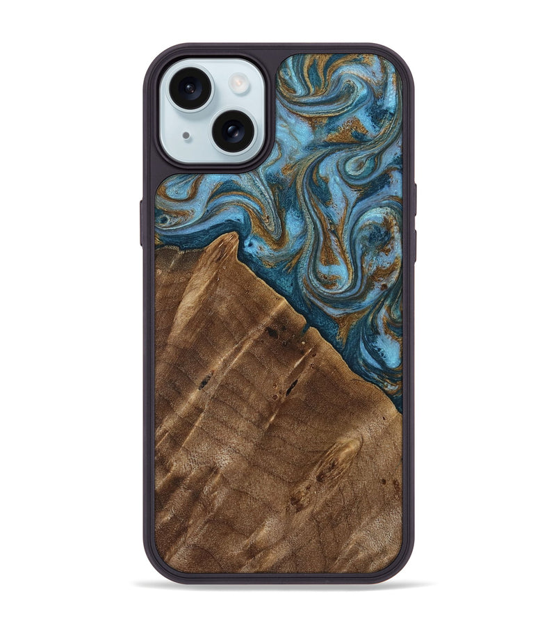iPhone 15 Plus Wood Phone Case - Vena (Teal & Gold, 813929)