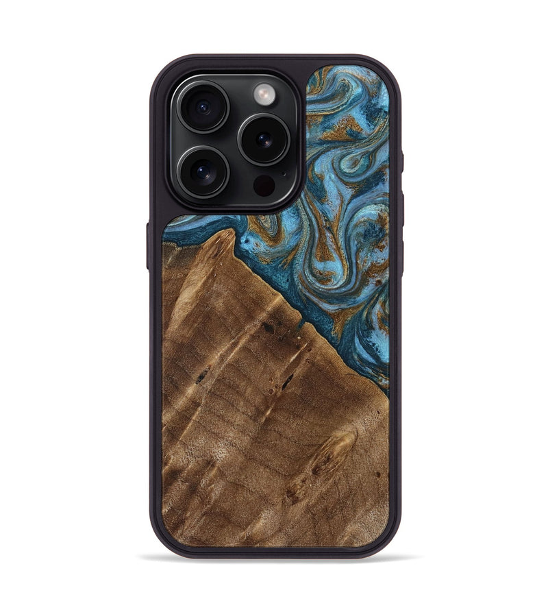 iPhone 15 Pro Wood Phone Case - Vena (Teal & Gold, 813929)