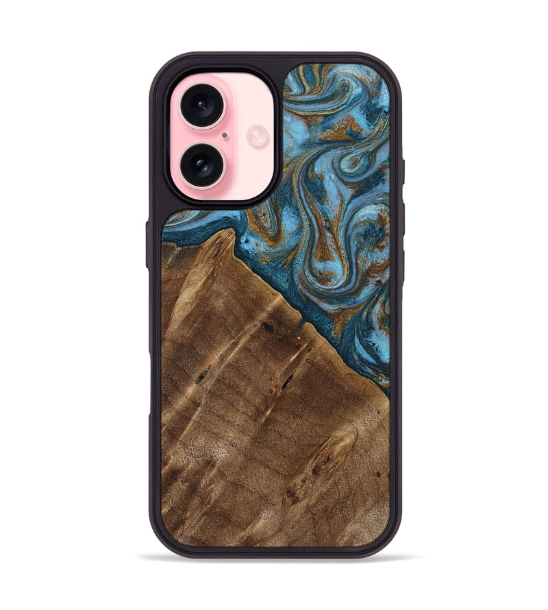 iPhone 16 Wood Phone Case - Vena (Teal & Gold, 813929)