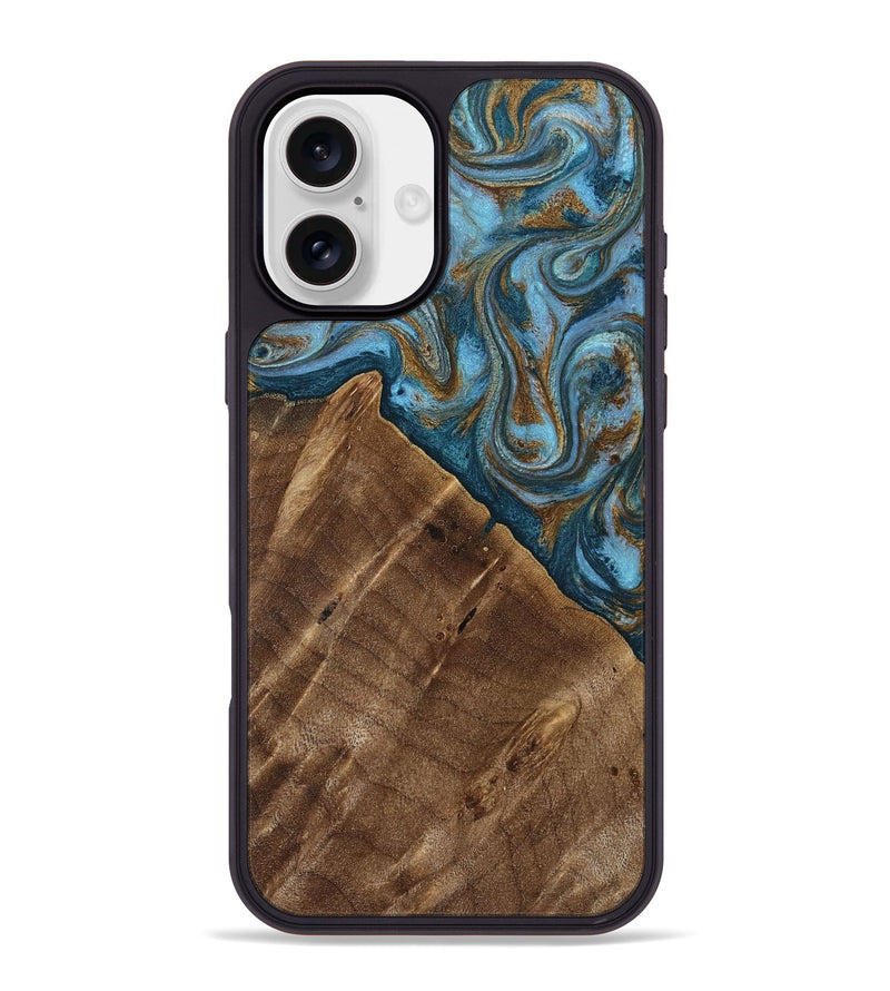 iPhone 16 Plus Wood Phone Case - Vena (Teal & Gold, 813929)