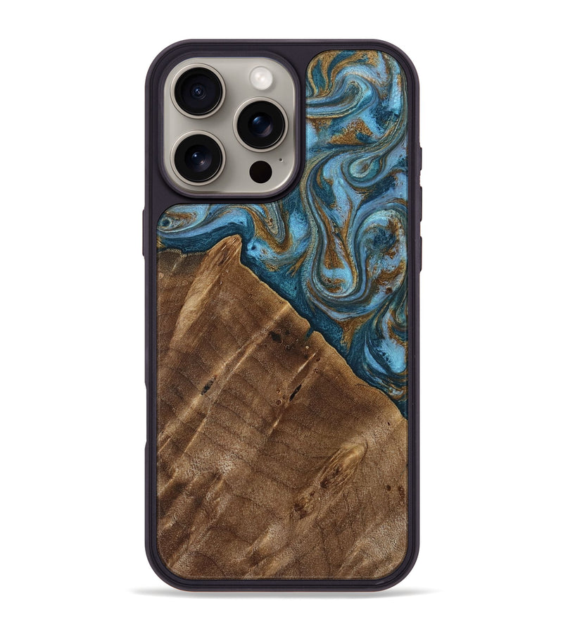 iPhone 16 Pro Max Wood Phone Case - Vena (Teal & Gold, 813929)