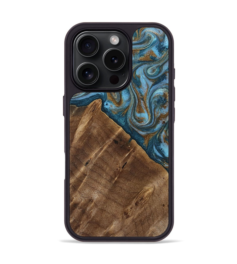 iPhone 16 Pro Wood Phone Case - Vena (Teal & Gold, 813929)