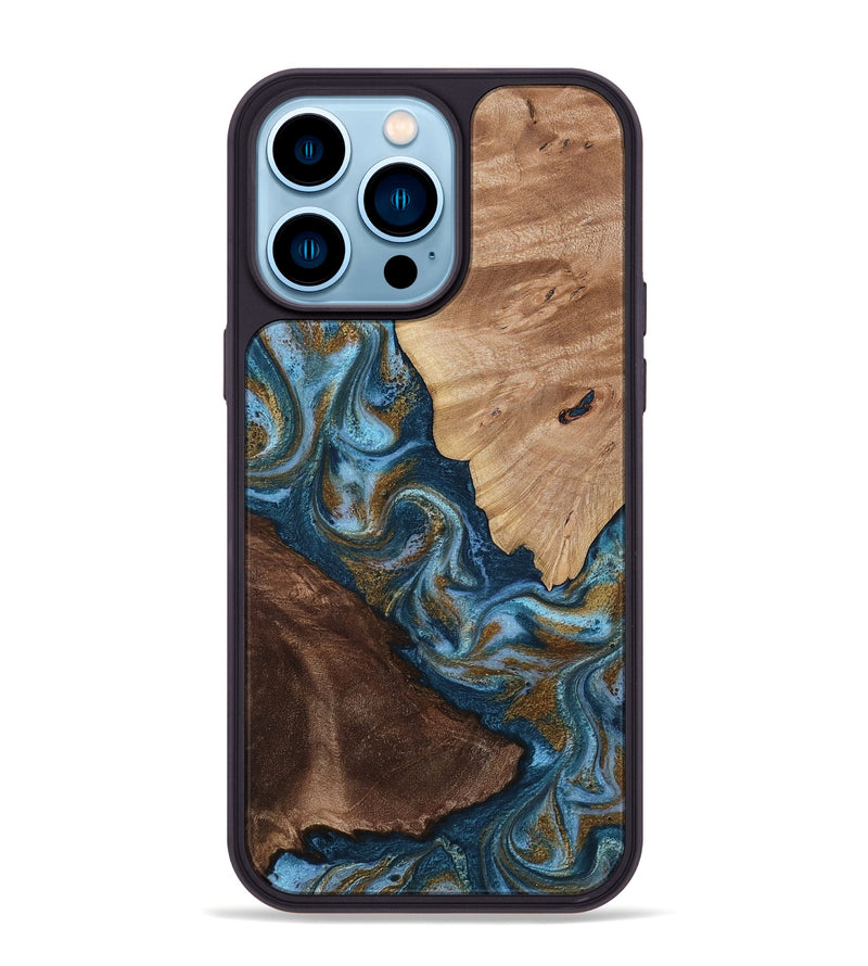 iPhone 14 Pro Max Wood Phone Case - Lelia (Teal & Gold, 813932)