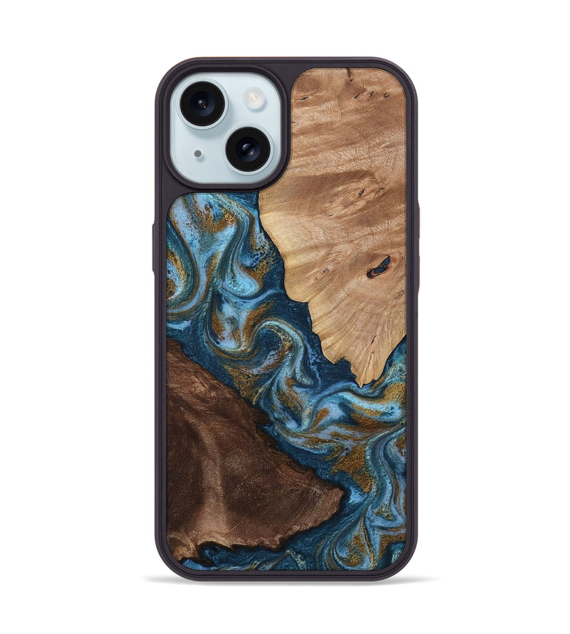 iPhone 15 Wood Phone Case - Lelia (Teal & Gold, 813932)