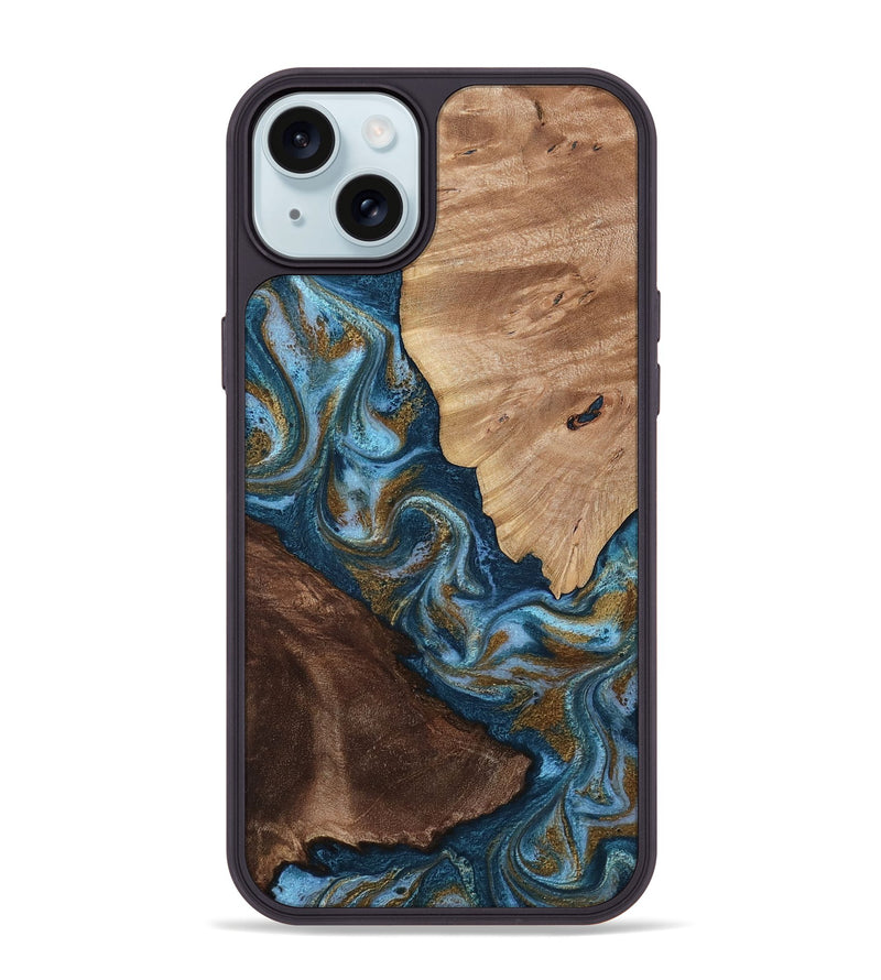 iPhone 15 Plus Wood Phone Case - Lelia (Teal & Gold, 813932)