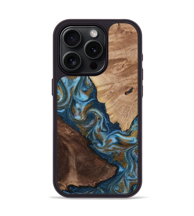 iPhone 15 Pro Wood Phone Case - Lelia (Teal & Gold, 813932)