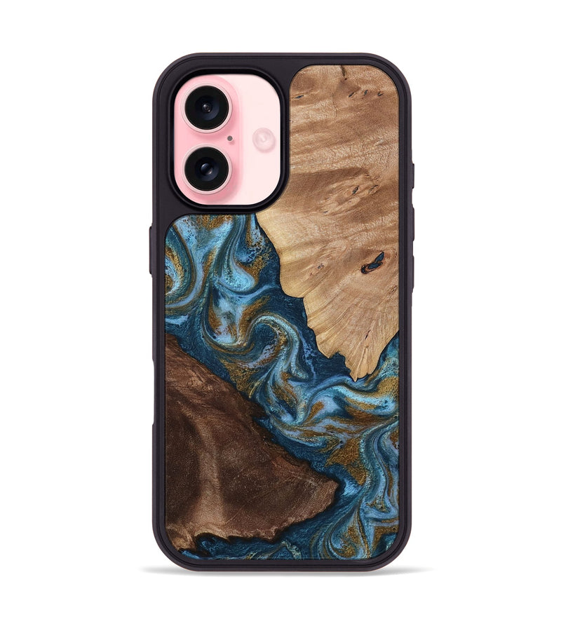 iPhone 16 Wood Phone Case - Lelia (Teal & Gold, 813932)