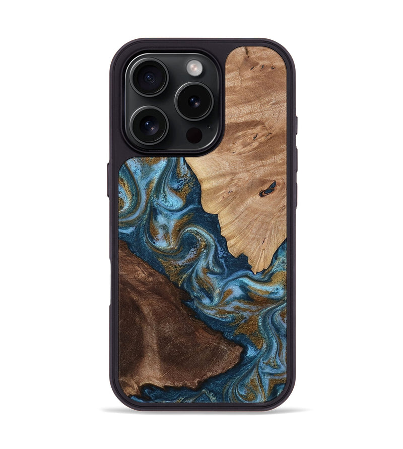 iPhone 16 Pro Wood Phone Case - Lelia (Teal & Gold, 813932)