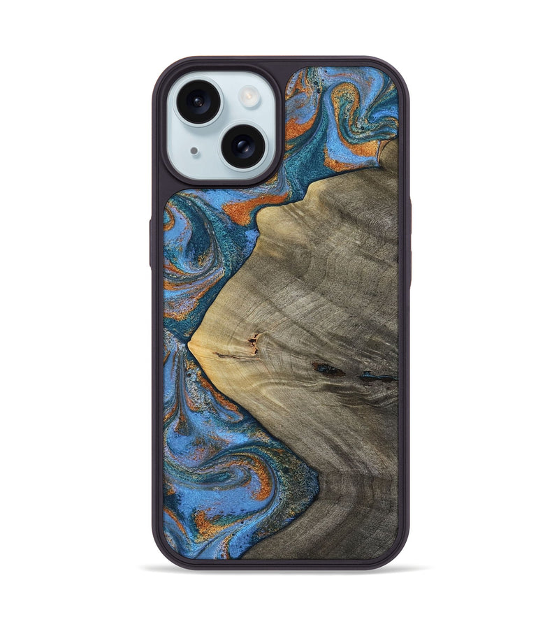 iPhone 15 Wood Phone Case - Waverly (Teal & Gold, 813933)