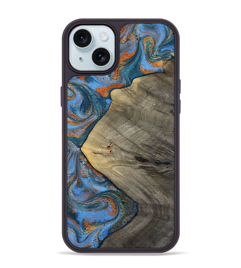 iPhone 15 Plus Wood Phone Case - Waverly (Teal & Gold, 813933)