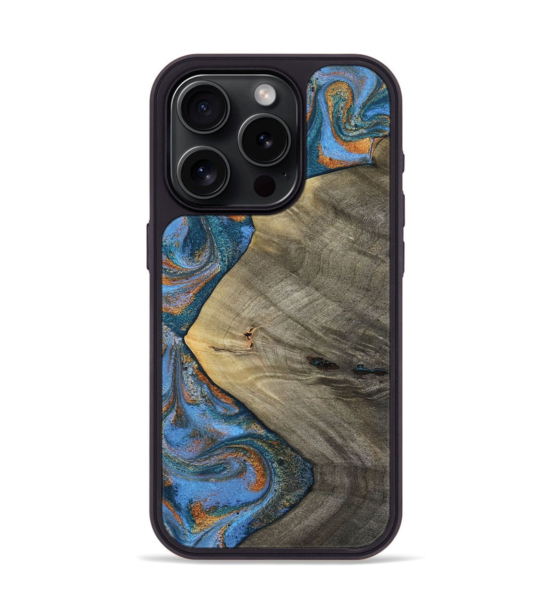 iPhone 15 Pro Wood Phone Case - Waverly (Teal & Gold, 813933)