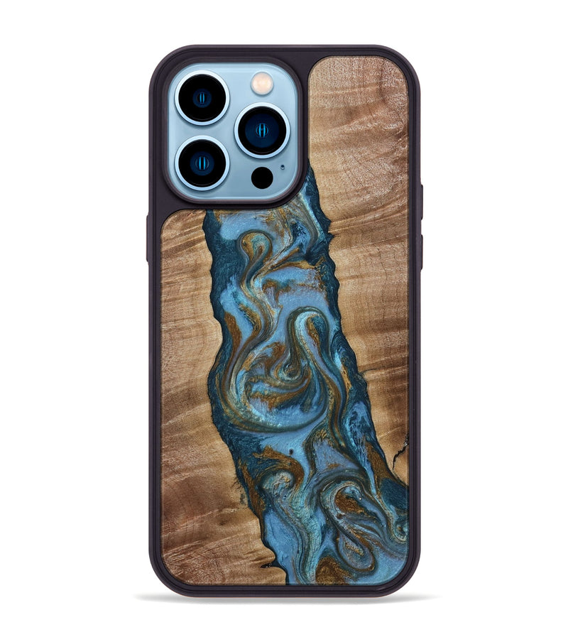 iPhone 14 Pro Max Wood Phone Case - Milford (Teal & Gold, 814111)