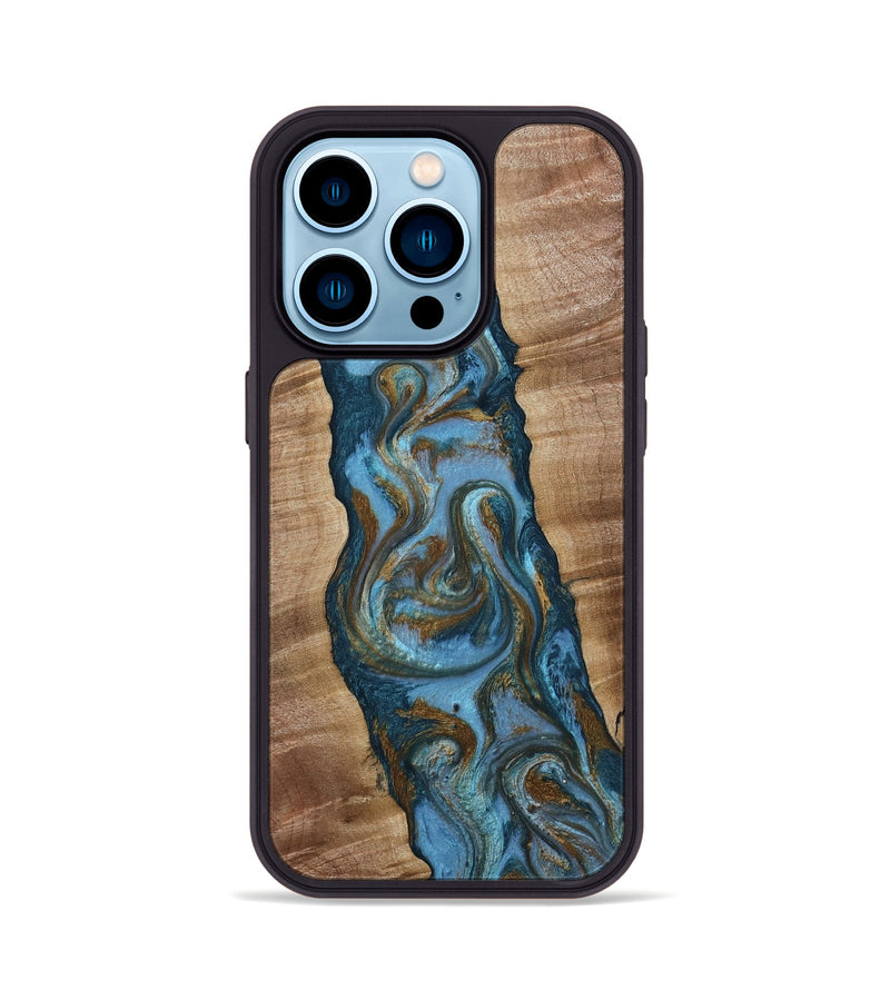 iPhone 14 Pro Wood Phone Case - Milford (Teal & Gold, 814111)