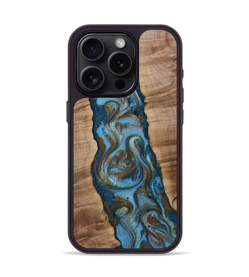 iPhone 15 Pro Wood Phone Case - Milford (Teal & Gold, 814111)
