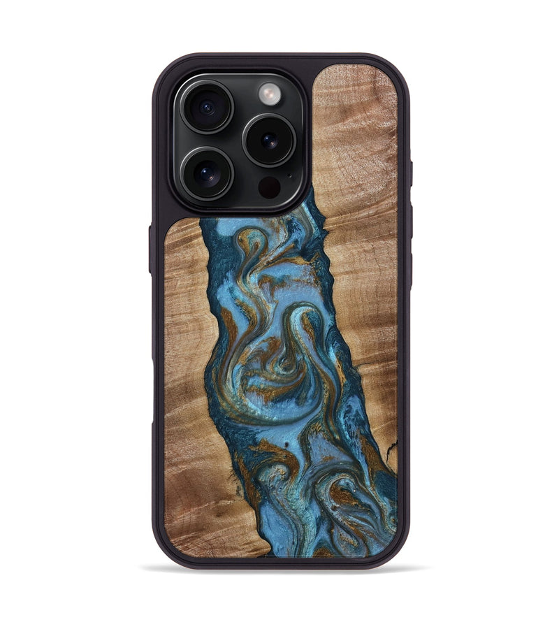 iPhone 16 Pro Wood Phone Case - Milford (Teal & Gold, 814111)