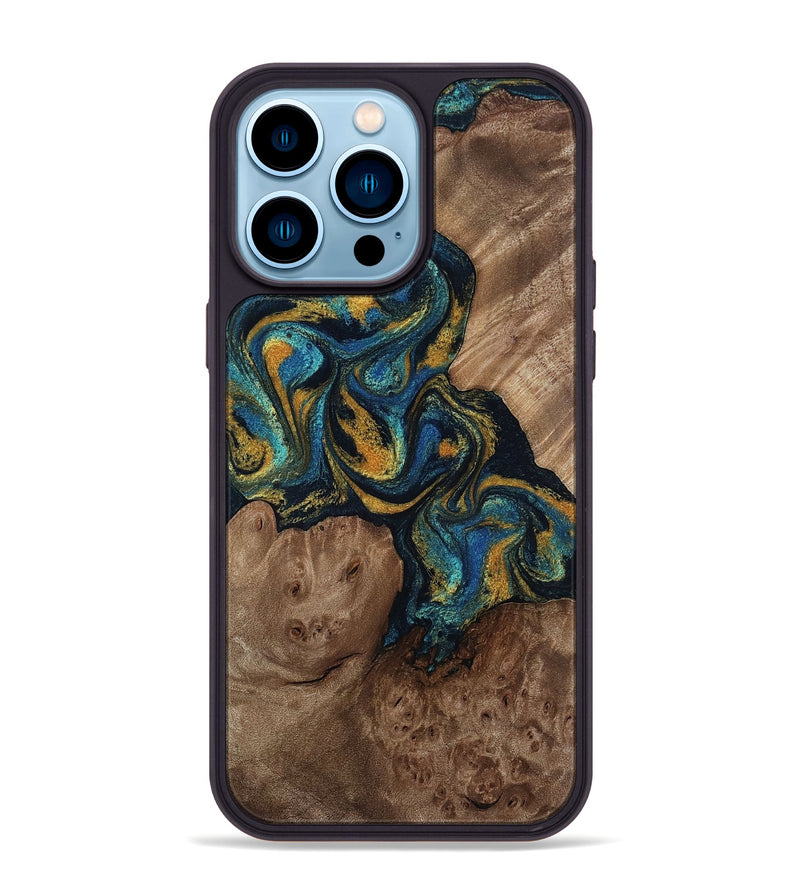 iPhone 14 Pro Max Wood Phone Case - Mariela (Teal & Gold, 814113)