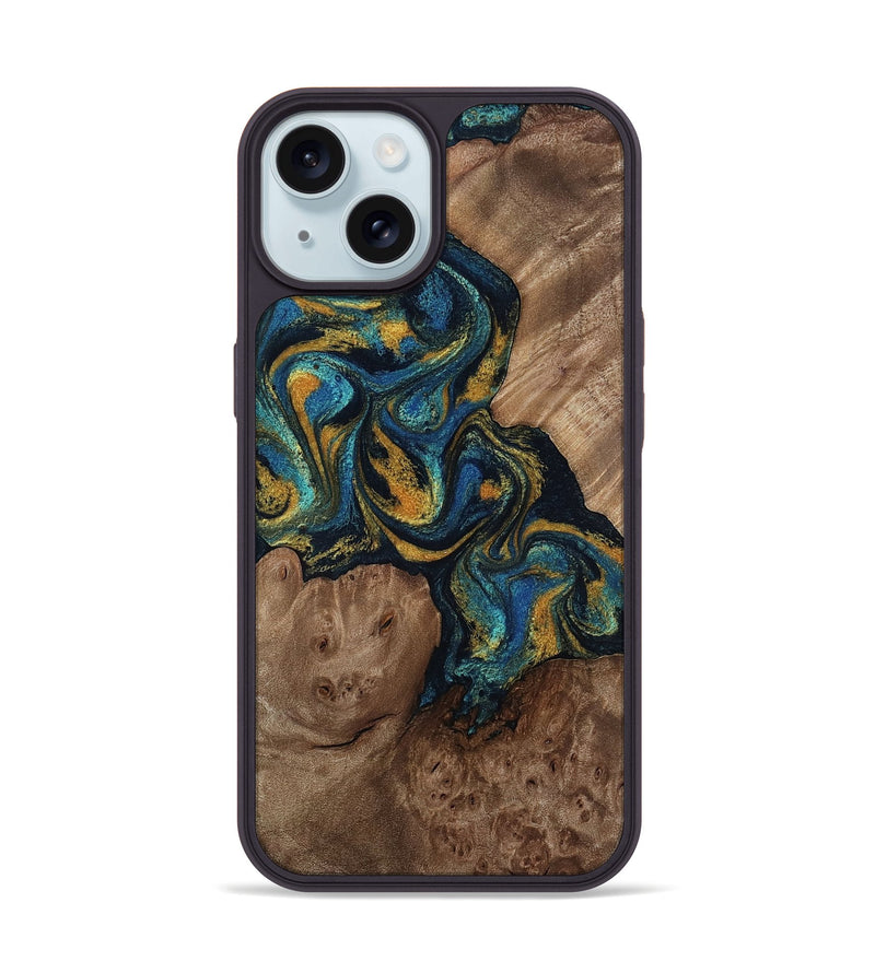 iPhone 15 Wood Phone Case - Mariela (Teal & Gold, 814113)
