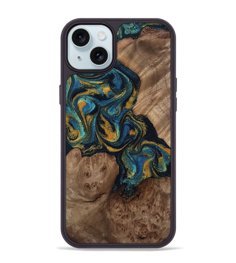 iPhone 15 Plus Wood Phone Case - Mariela (Teal & Gold, 814113)