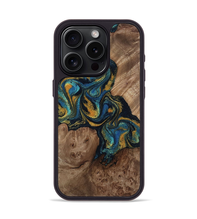 iPhone 15 Pro Wood Phone Case - Mariela (Teal & Gold, 814113)