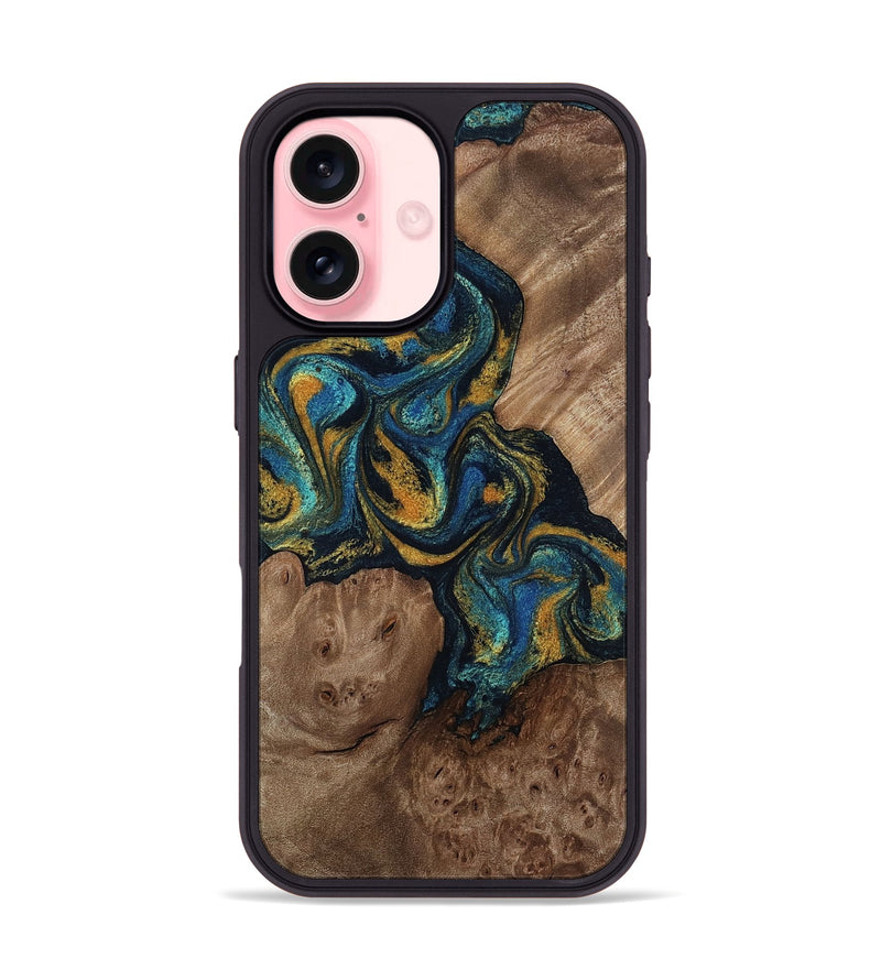iPhone 16 Wood Phone Case - Mariela (Teal & Gold, 814113)