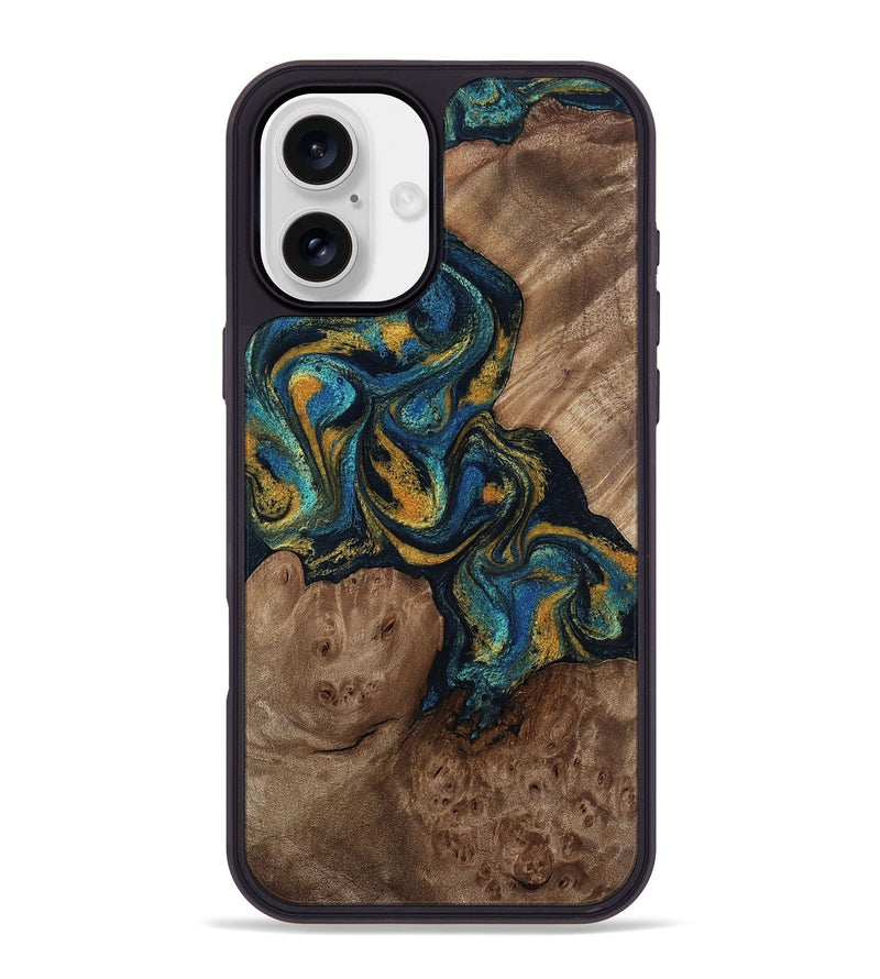 iPhone 16 Plus Wood Phone Case - Mariela (Teal & Gold, 814113)