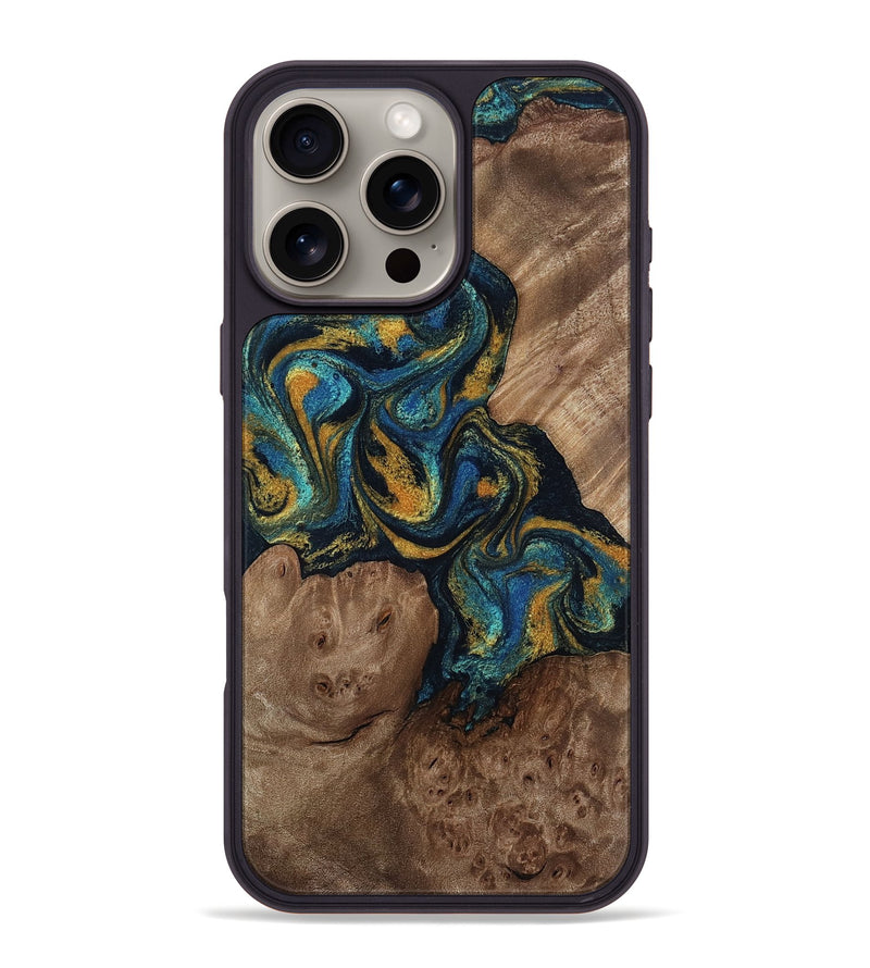 iPhone 16 Pro Max Wood Phone Case - Mariela (Teal & Gold, 814113)