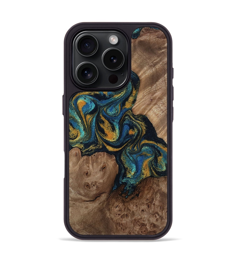 iPhone 16 Pro Wood Phone Case - Mariela (Teal & Gold, 814113)