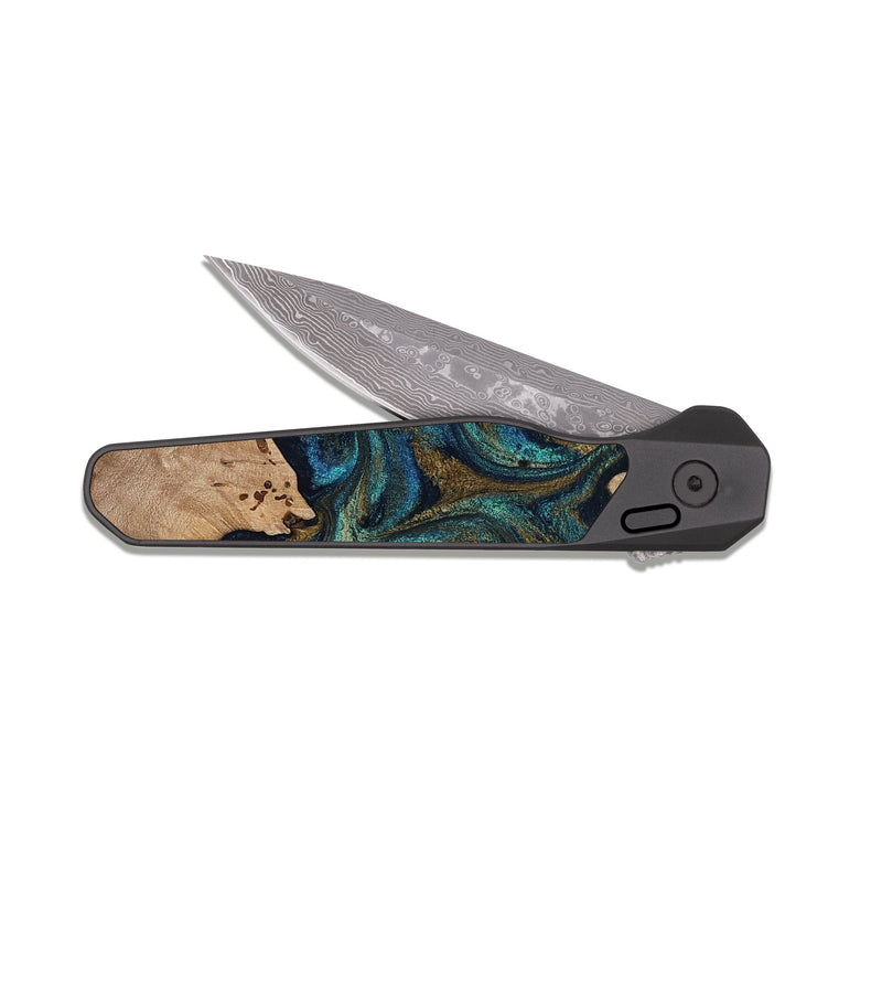 EDC Dark Damascus Wood Pocket Knife - Jacoby (Teal & Gold, 814180)