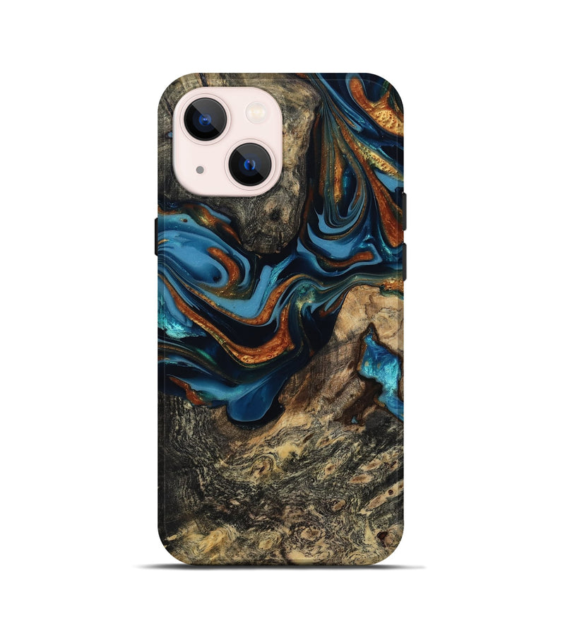 iPhone 13 mini Wood Live Edge Phone Case - Marjory (Teal & Gold, 814264)
