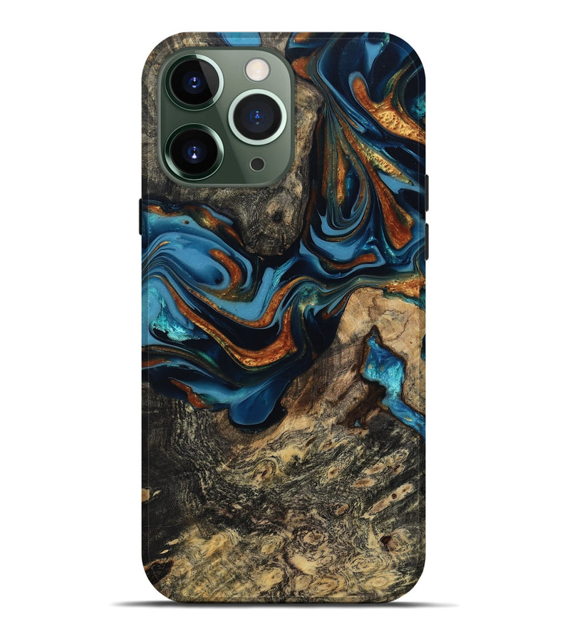 iPhone 13 Pro Max Wood Live Edge Phone Case - Marjory (Teal & Gold, 814264)
