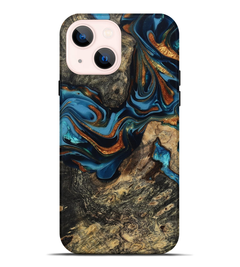iPhone 14 Plus Wood Live Edge Phone Case - Marjory (Teal & Gold, 814264)