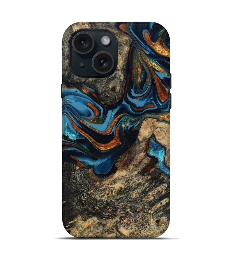 iPhone 15 Wood Live Edge Phone Case - Marjory (Teal & Gold, 814264)