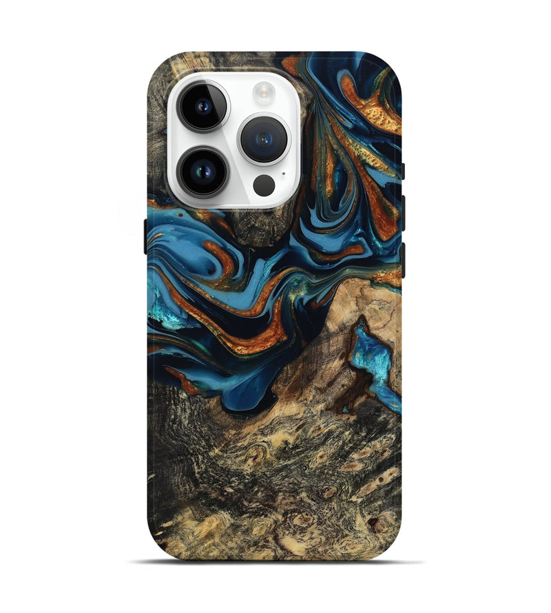 iPhone 15 Pro Wood Live Edge Phone Case - Marjory (Teal & Gold, 814264)