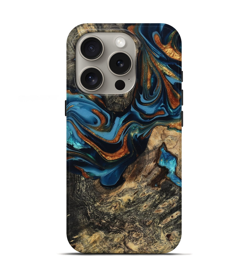 iPhone 16 Pro Wood Live Edge Phone Case - Marjory (Teal & Gold, 814264)