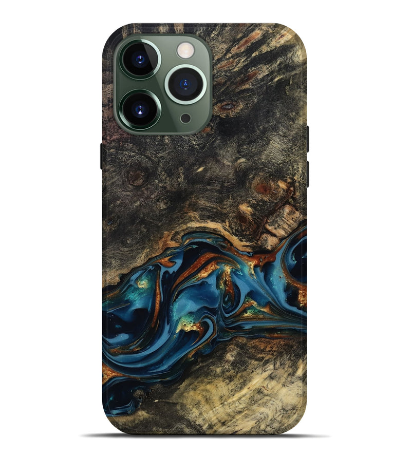 iPhone 13 Pro Max Wood Live Edge Phone Case - Jordyn (Teal & Gold, 814265)