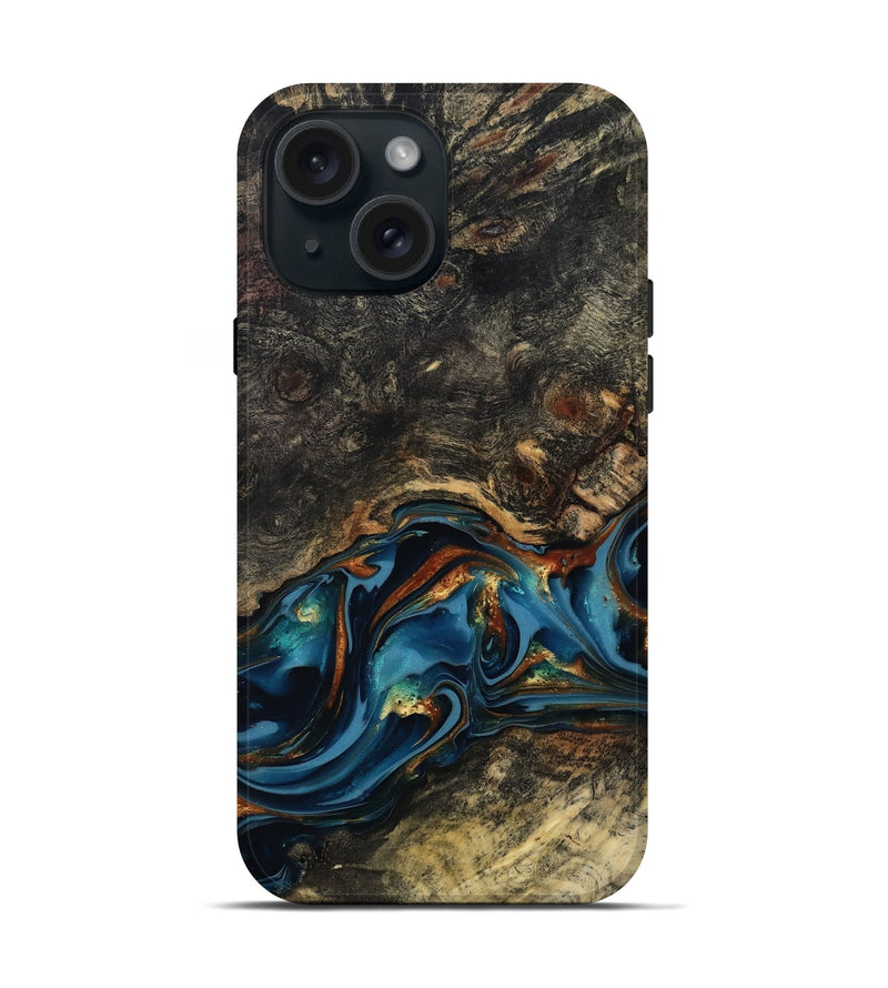 iPhone 15 Wood Live Edge Phone Case - Jordyn (Teal & Gold, 814265)