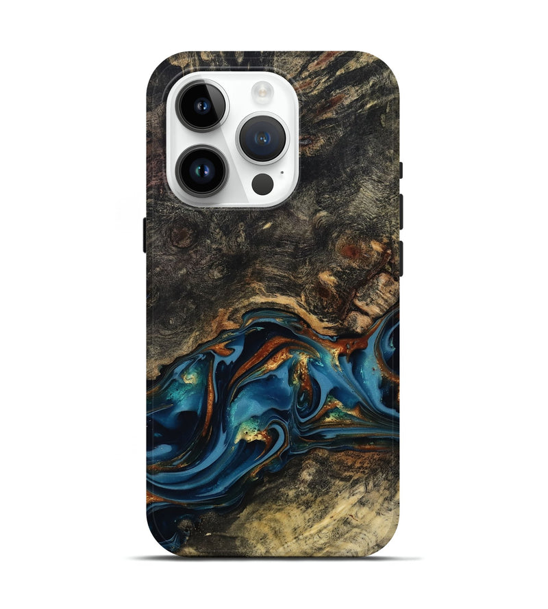 iPhone 15 Pro Wood Live Edge Phone Case - Jordyn (Teal & Gold, 814265)