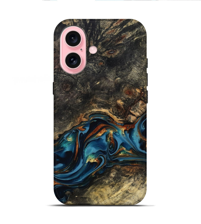 iPhone 16 Wood Live Edge Phone Case - Jordyn (Teal & Gold, 814265)